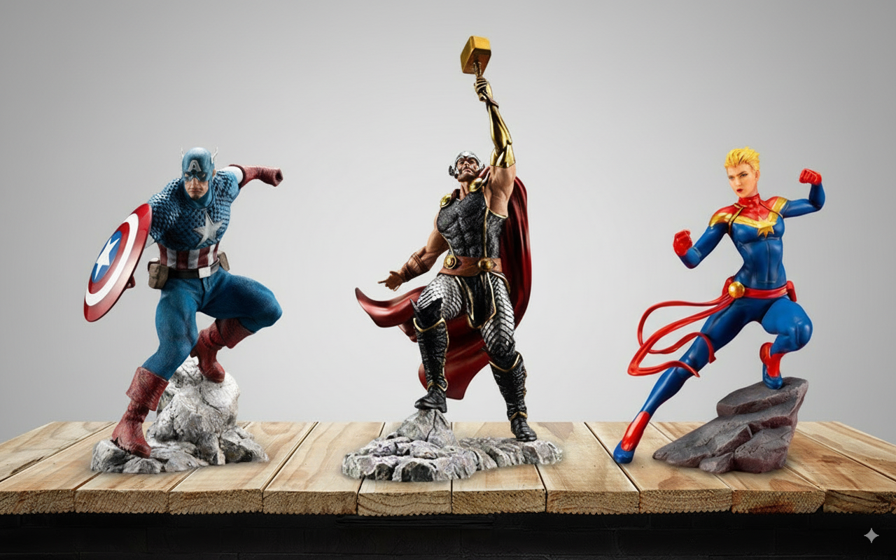 Three superhero figurines on a wooden platform with a gray background