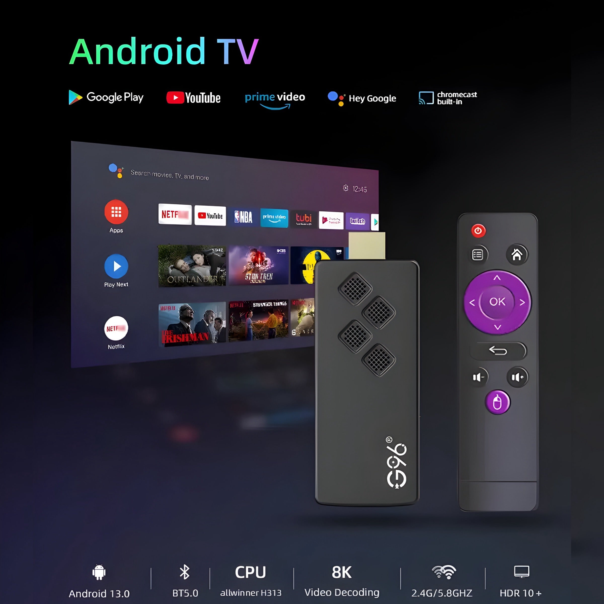 G96 4K Android TV Stick + Voice Remote | Dual-Band Wi-Fi